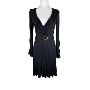 Cache Black Belted Soft Stretch V-Neck Ruffle Hem & Sleeves Dress